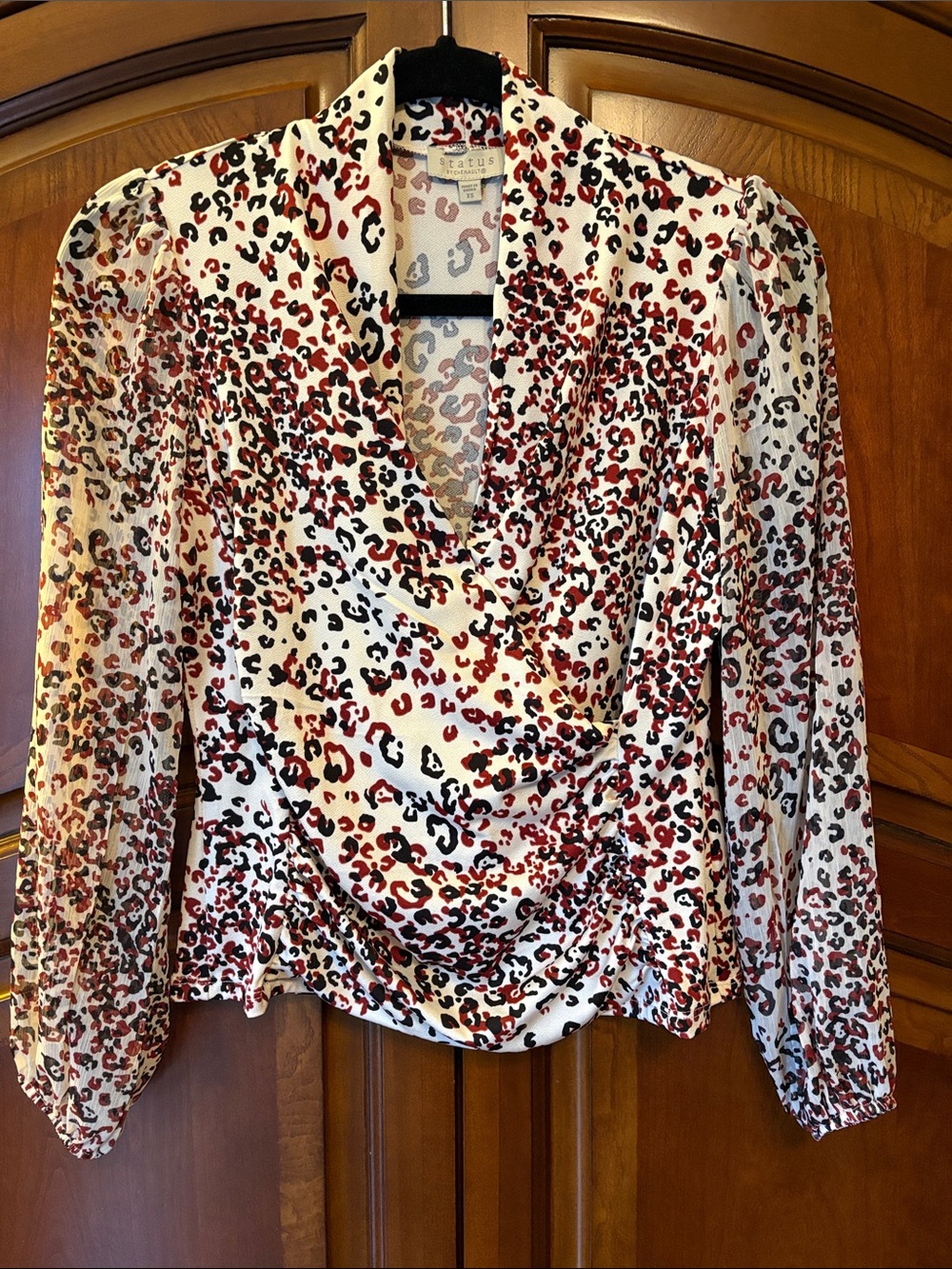 Status Red & Black Animal Print Drape Front Women's Blouse, XS
